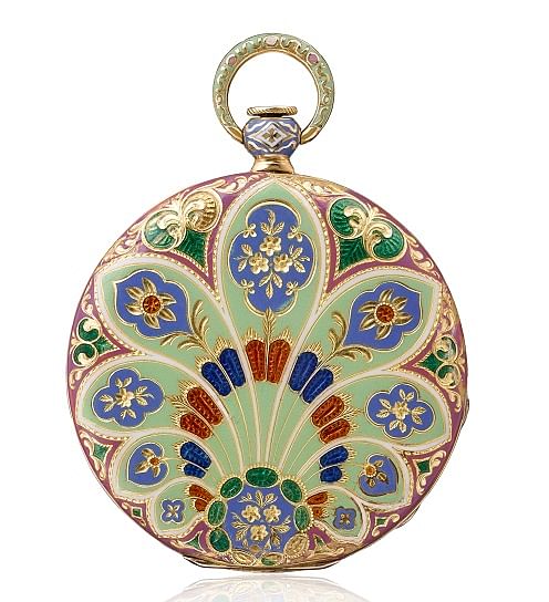 Dating back to 1831, this champleve enamel pocket watch is inspired by Indian enamelled floral tapestry.