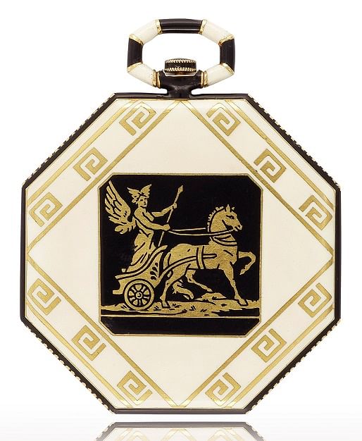 A 1921 design featuring a champlevé enamel motif of the Greek god Hermes on his chariot.