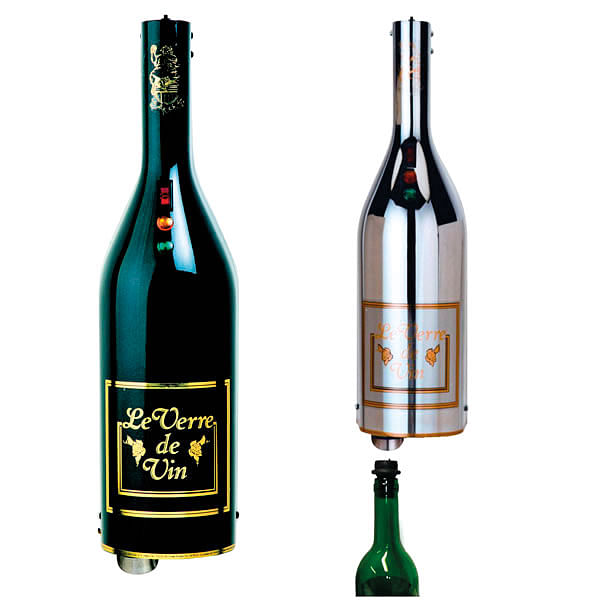 LE VERRE DE VIN: For still wines, this system (right) creates a controlled vacuum that removes oxygen to the right level, thus making sure the wine does not oxidise in the process. With sparkling wines, a controlled pressure of carbon dioxide is introduced into the bottle, creating a pressure equilibrium that keeps bubble loss to a minimum.