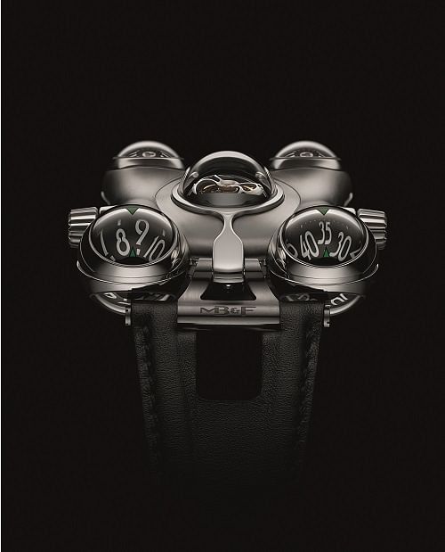 SPACE TIME The MB&F HM6 “Space Pirate” has unusual features such as semi-spherical hour / minute  indications, and twin turbines that regulate the winding system.
