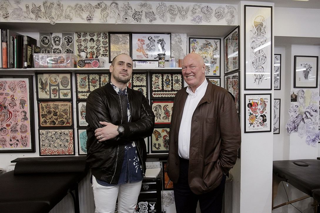 Maxime Buchi (left), founder of Sang Bleu London Tattoo Studio, with Hublot chairman Jean-Claude Biver.