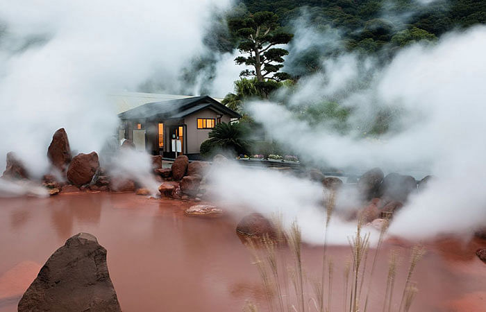 DIP IN TRADITION The red-hued baths in the city of Beppu in Kyoto, Japan, are a cultural draw.
