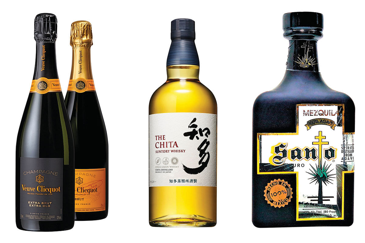 Veuve Clicquot Yellow Label Extra Brut Extra Old, Suntory Chita, Santo Mezquila