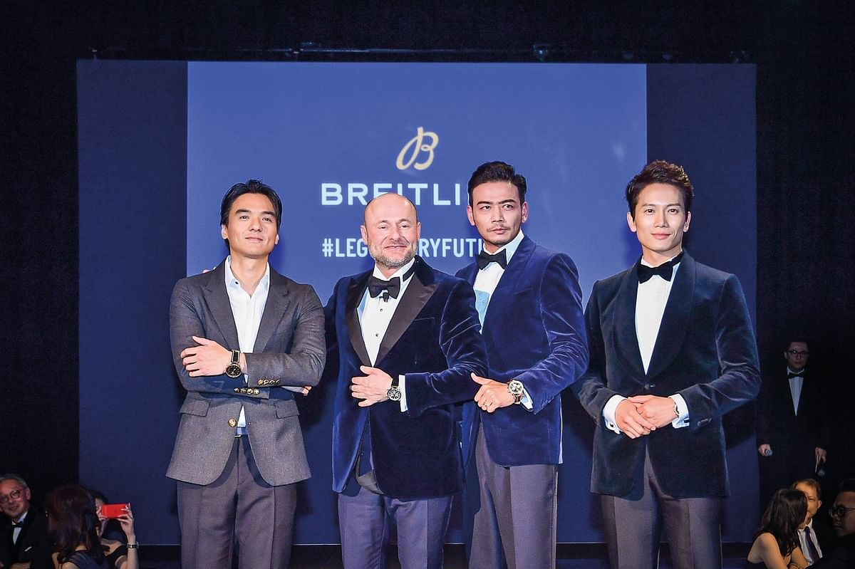 Director (left to right), Actor Stephen Fung, Breitling CEO Georges Kern, Chinese Actor Yang Shuo, Korean Actor Ji Sung on the stage. 