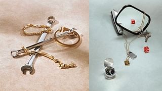 ID tag pendant in sterling silver, square pendant in 18k yellow gold, compass in sterling silver, Makers bracelets, Tiffany T bracelet