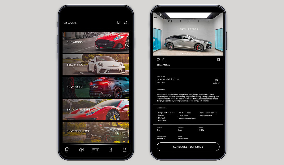 Envy Motors Mobile application available on iOS and Android devices.