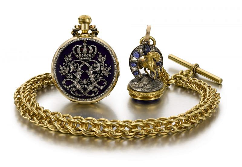 Adolf Schneider: sapphire-encrusted pocket watch in gold, enamel, and rock crystal, designed by Adolf Schneider for King Ludwig II of Bavaria circa 1885.