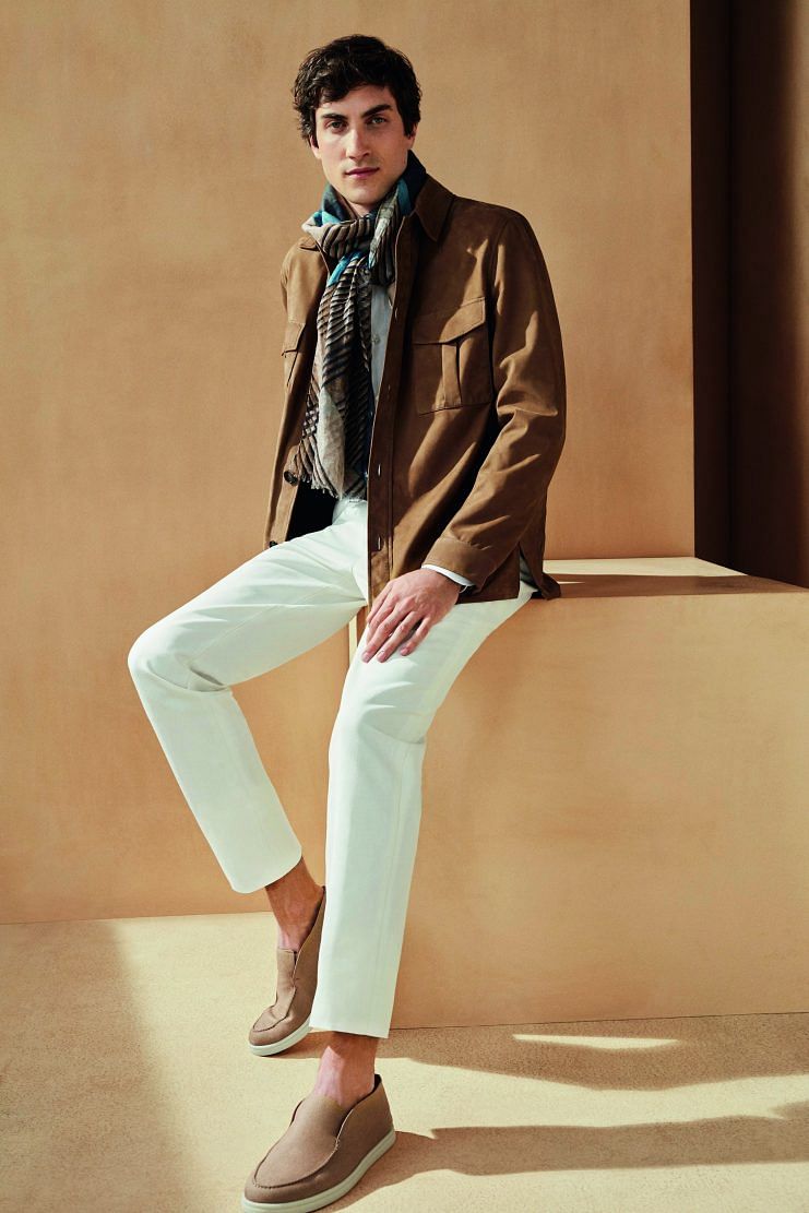 The Peak's favourite is this loose-fitting shirt jacket crafted from ultra-light and incredibly soft calfskin nubuck leather that begs to be touched. It's styled with a linen shirt, cotton and linen pants, and linen shoes.