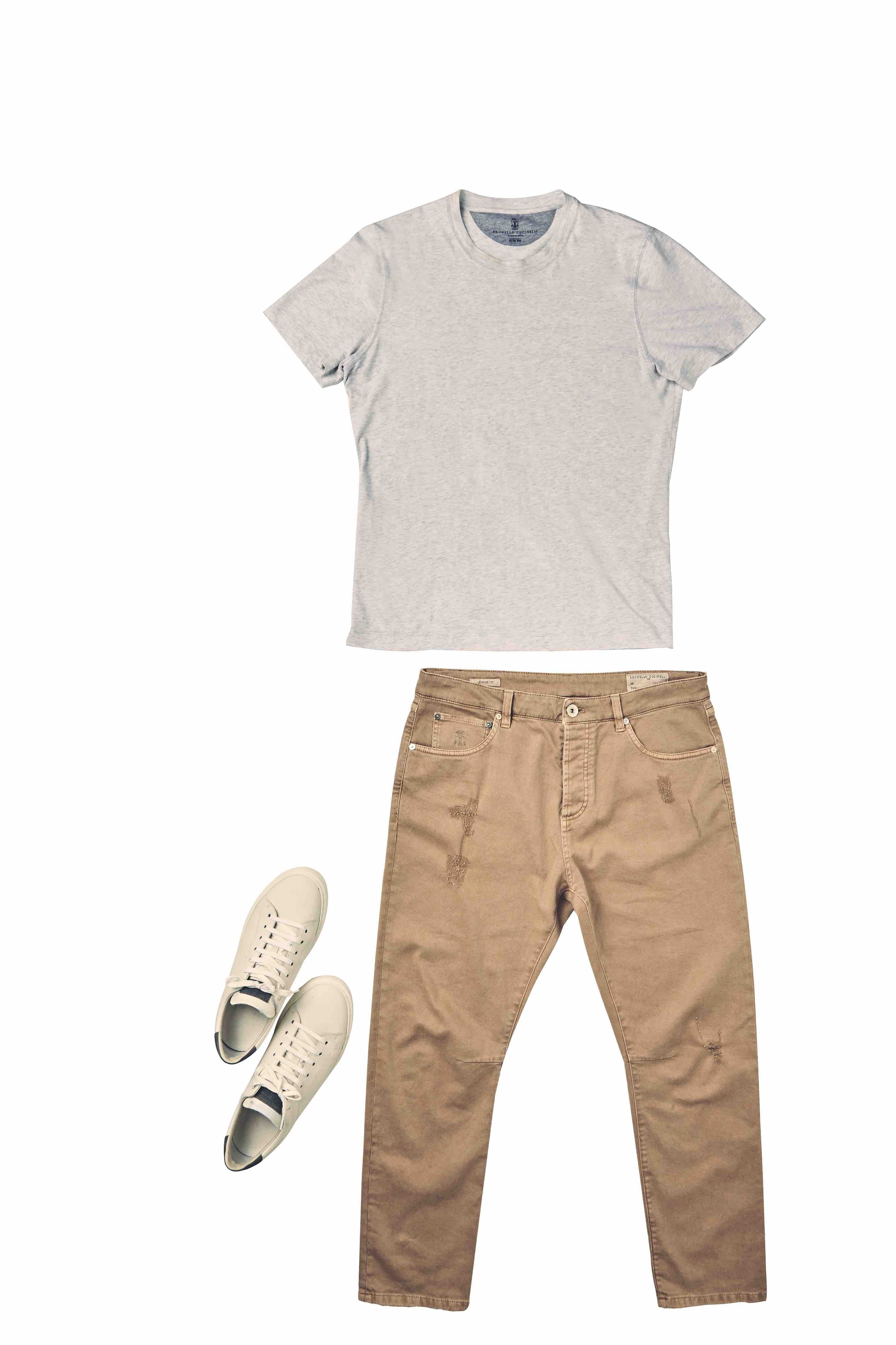The cotton T-shirt, cotton chino and leather sneaker are all from Brunello Cucinelli.