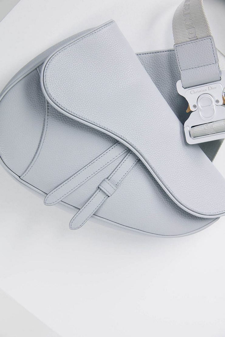 The Dior Men's Fall 2021 Dior Gray saddle bag, shot by Jackie Nickerson.