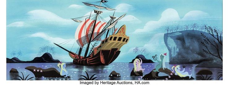 Mary Blair Peter Pan Mermaids and Jolly Roger Pirate Ship Concept Painting (Walt Disney, 1953)