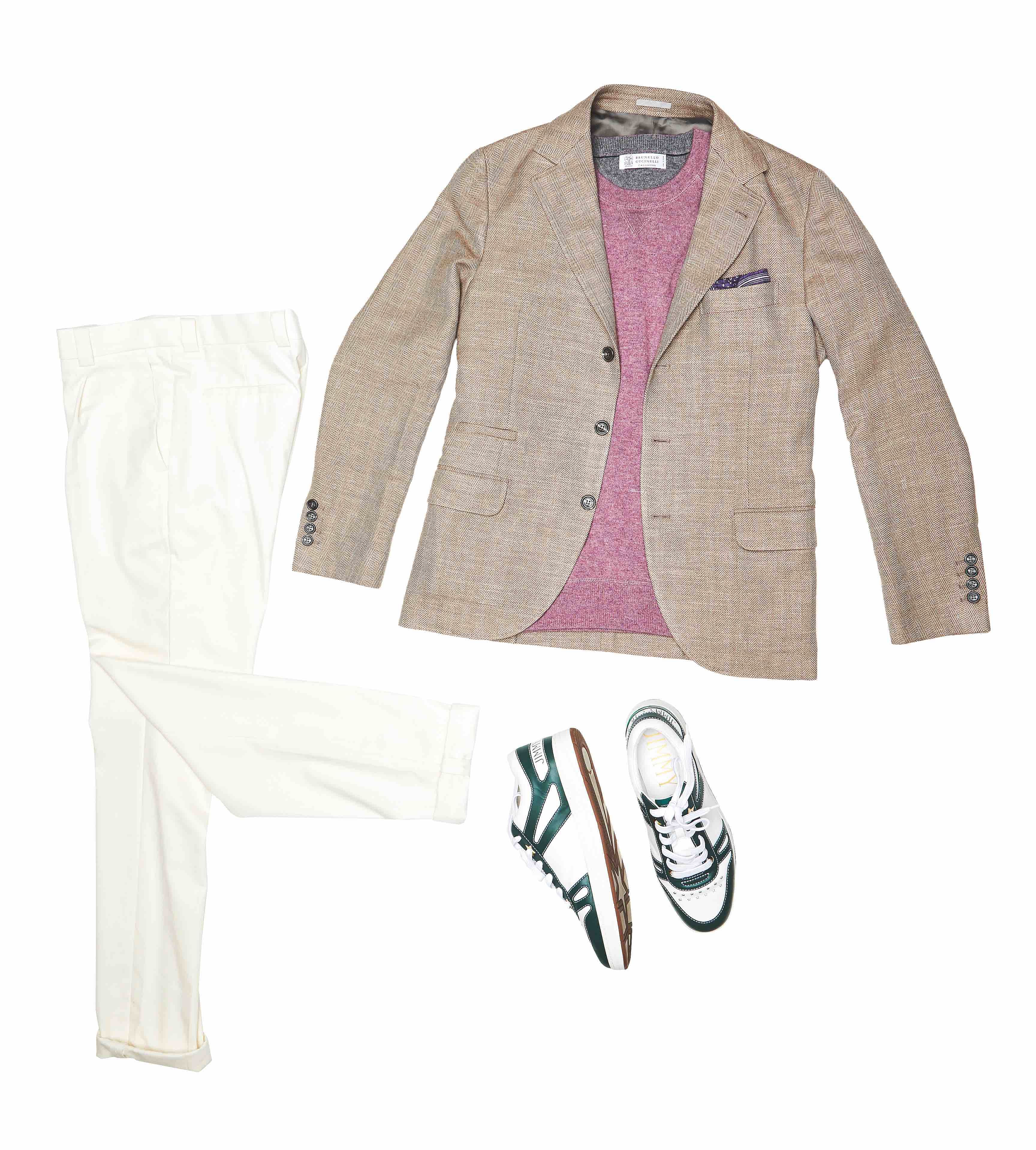 Wool-silk jacket, cashmere sweater, wool-cotton trousers and silk pocket square,  from Brunello Cucinelli. Leather sneakers, from Jimmy Choo.