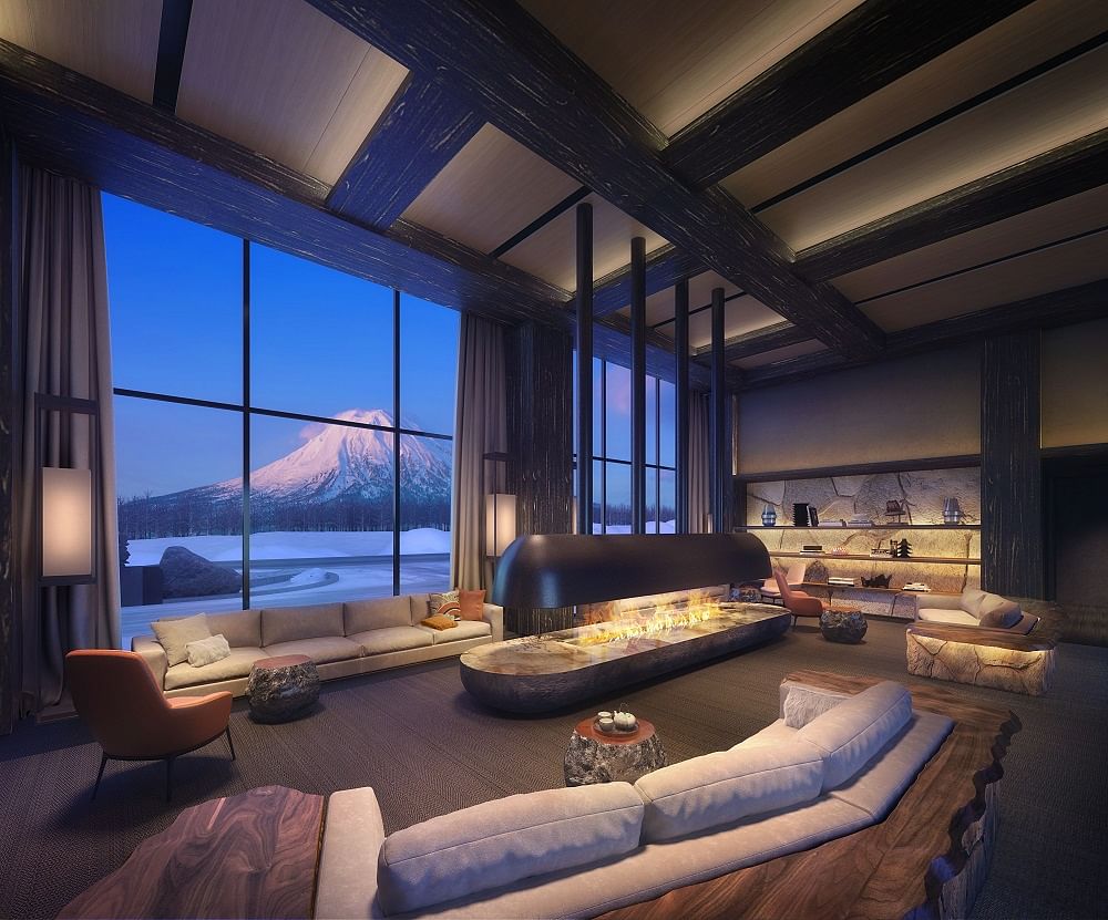 The Setsu Niseko lobby lounge with views of Mount Yotei.