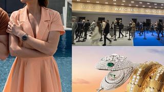 2023 Watch Forecast featuring an image of a woman wearing a Tudor Pelagos 39mm, a scene from Watches & Wonders 2022 and a Bulgari Serpenti watch from LVMH Watch Week 2022