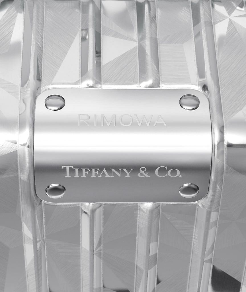 A close-up of the Rimowa x Tiffany & Co cabin suitcase.