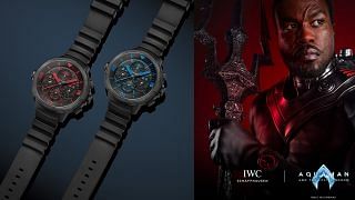 IWC Aquatimer Perpetual Digital Date-Month watches and a poster for Aquaman and the Lost Kingdom.